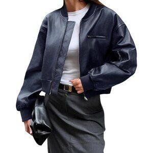 Women Dark Blue Faux Leather Cropped Bomber Jacket Baseball Collar Zip Up